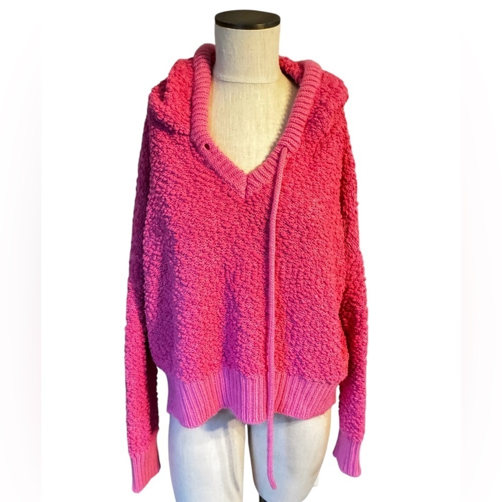 POL Women’s Rose Pink Popcorn Knit Slit Hooded Comfy Oversized Sweater Sz S - Picture 2 of 9